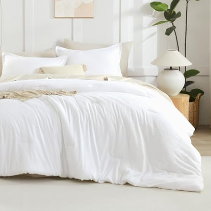 Litanika White Comforter Set Queen Size, 3 Pieces Lightweight Solid Bedding Comforter Set, All Season Fluffy Bed Set (90x90In Comforter & 2 Pillowcases)