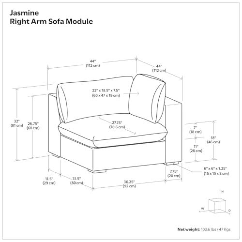 SIMPLIHOME Jasmine Right-Arm Sofa Module in Performance Fabric, Cloud Grey, 44-inches Wide, Handcrafted Contemporary-Style Right-Arm Accent Chair for Living Room