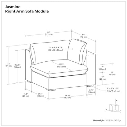 SIMPLIHOME Jasmine Right-Arm Sofa Module in Performance Fabric, Cloud Grey, 44-inches Wide, Handcrafted Contemporary-Style Right-Arm Accent Chair for Living Room