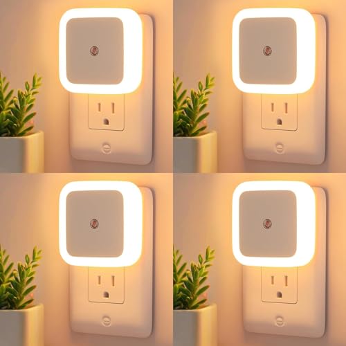 4Pack Night Lights Plug-into Wall - Dusk to Dawn Sensor Plug in LED Nightlight 3000K Warm White Lighting, Auto-On/Off Lamp for Kids Adults Home Living Room Kitchen Bedroom Bathroom Toilet Hallway