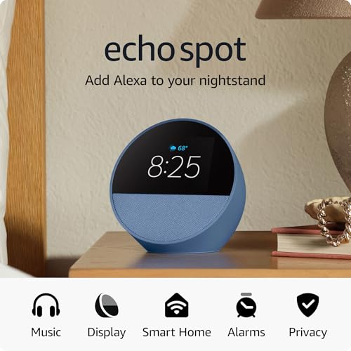 Amazon Echo Spot (newest model), Great for nightstands, offices and kitchens, Smart alarm clock with Alexa, Ocean Blue