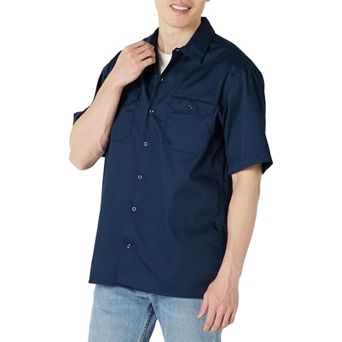 Amazon Essentials Men's Relaxed Fit Navy Button Up Shirt, Short-Sleeve, Stain and Wrinkle-Resistant, Daily Wear, Navy, Small
