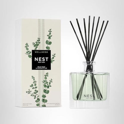 NEST New York Reed Diffuser, Wild Mint & Eucalyptus - 5.9 fl oz - Fragrance for Up to 90 Days - Reusable, Refillable Glass Holder - Includes 8 All-Natural Reed Sticks - Flame Free