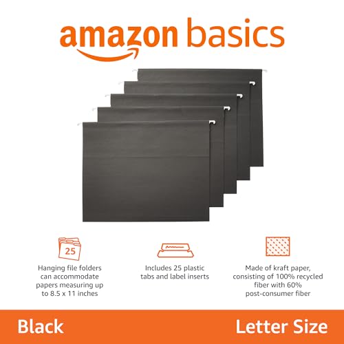 Amazon Basics Hanging File Folders, Letter Size, Black, 25-Pack