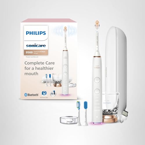 Philips Sonicare DiamondClean Smart 9500 Electric Toothbrush, Sonic Toothbrush with App, Pressure Sensor, Brush Head Detection, 5 Brushing Modes and 3 Intensity Levels, Rosegold, Model HX9923/61