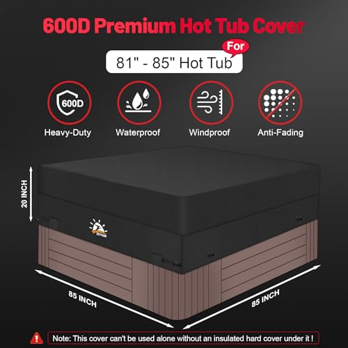 Zettum Hot Tub Cover - 600D Spa Cover Protector Waterproof & Heavy Duty, Outdoor Square Hot Tub Cover Protection (85 x 85 Inch)