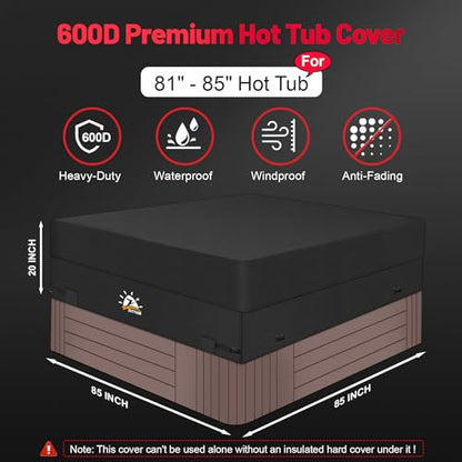 Zettum Hot Tub Cover - 600D Spa Cover Protector Waterproof & Heavy Duty, Outdoor Square Hot Tub Cover Protection (85 x 85 Inch)