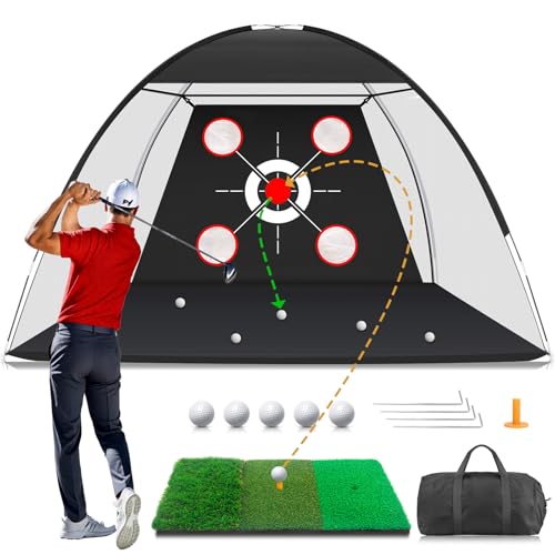 MFNMFN Golf Net with Practice Mat,Golf Hitting Aid Nets 10x7FT for Backyard Driving Chipping Training Swing,Gifts for Men Dad Him and Golfer