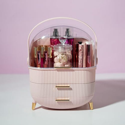 Paris Hilton Makeup Storage Organizer with Lid, Cosmetics and Skincare Organizer for Vanity, Portable Makeup Storage Box for Countertop, Top Gift Item, Fluted Design with Gold Accents, Pink