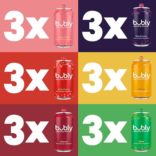 bubly Sparkling Water, 6 Flavor Variety Pack (Blackberry, Lime, Cherry, Grapefruit, Strawberry, Mango), Zero Sugar & Zero Calories, Seltzer Water, 12 Fl Oz Cans (Pack of 18)