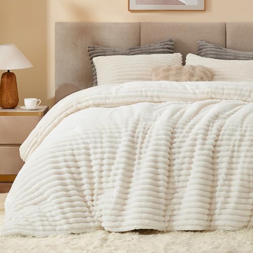 BEDELITE Fleece King Comforter Set, Fluffy Bed Set, Cream White