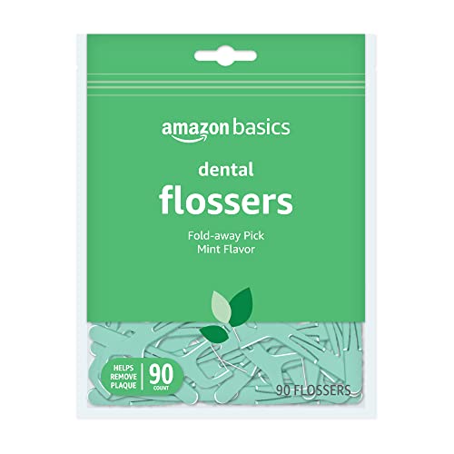 Amazon Basics Mint Dental Flossers, Shred Resistant, Slides Easily Between Teeth, with Fold-Away Pick, 90 Count, 1-Pack (Previously Solimo)