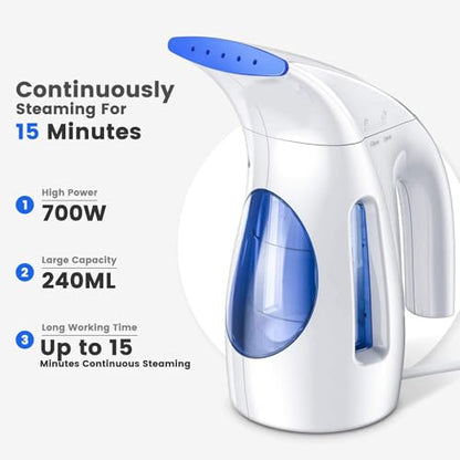 HiLIFE Steamer for Clothes, Portable Handheld Design, 240ml Big Capacity, 700W, Strong Penetrating Steam, Removes Wrinkle, for Home, Office(ONLY FOR 120V)