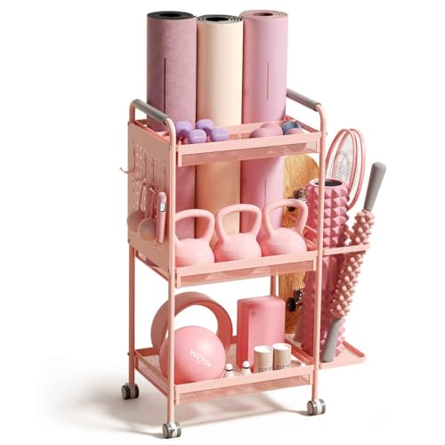 YOTTOY 3-Tier Gym Storage Rack for Home Gym–Multi-Functional Weight Rack, Dumbbell Rack, Yoga Mat Holder with Side Basket & 6 Hooks, Gym Equipment Organizer (Pink)