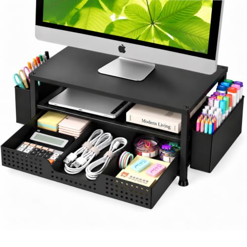 ECOLOVI Desk Organizer and Accessories, 2-Tier Computer Monitor Stand Rise with Storage Drawer & 2 Pen Holders, Laptop & Printer Stand for Desktop, Workspace Organizers for Office Supplies (Black)
