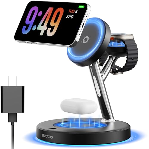 Wireless Charger 3 in 1 for iPhone, Magnetic Charging Station for Apple Family, 15W Fast MagSafe Charger Stand for iPhone 17-12, iWatch, AirPods Series