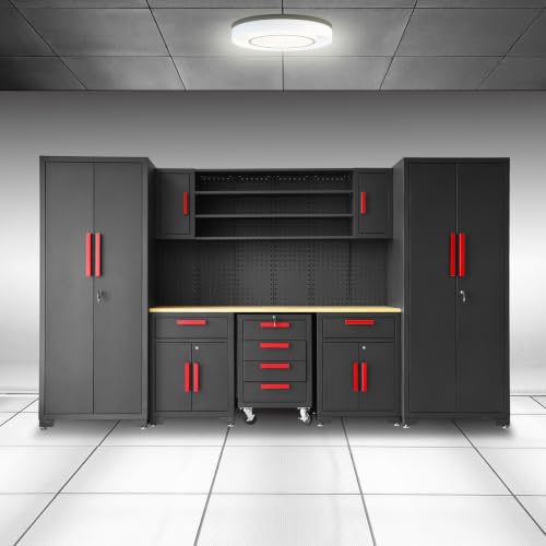 BIG RED Garage Storage Cabinets System, 8-Pcs Workshop Cabinet Set in Black | Included Steel Cabinets Drawers Rolling Chest and Pegboard, Locked Garage Storage Cabinet