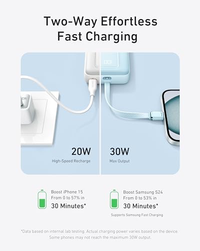 Anker Zolo Power Bank, 10,000mAh 30W Portable Charger with Built-in USB-C Cable for Travel, Fast Charging Battery Pack for iPhone 15 Series, MacBook, Galaxy, iPad, and More