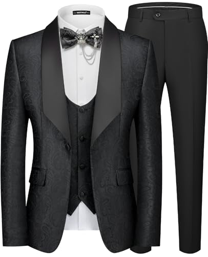 MAGE MALE Mens 3 Piece Floral Tuxedo Suits Slim Fit Paisley Shawl Lapel Suit for Dinner Prom Wedding Black