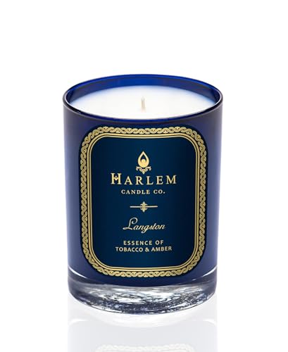 Harlem Candle Company Langston Luxury Candle, 11 oz Blue Glass Jar, Double Wick, Soy Wax, Gift Box, Jasmine, Sandalwood, Nutmeg, Cloves, Vanilla, Leather, and Amber