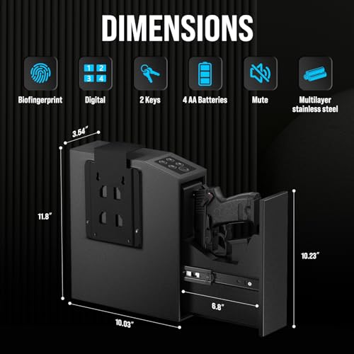 CLUTTO Biometric Slider Gun Safe for Handgun, Fingerprint Gun Safe Supports Quickly Access with 3 Ways, Fingerprint, PIN Code and Key (Black)