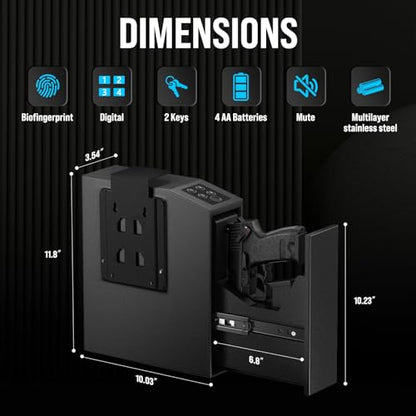 CLUTTO Biometric Slider Gun Safe for Handgun, Fingerprint Gun Safe Supports Quickly Access with 3 Ways, Fingerprint, PIN Code and Key (Black)