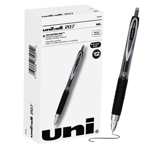 uni-ball® 207™ Retractable Fraud Prevention Gel Pens, Micro Point, 0.5 mm, Black Barrels, Black Ink, Pack of 12