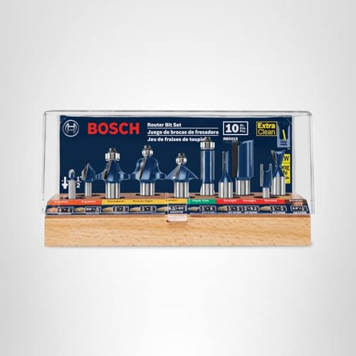 BOSCH RBS010 10-Piece 1/2 in. and 1/4 in. Shank Carbide-Tipped All-Purpose Professional Router Bits Assorted Set with Case for Applications in Straight, Trimming, Decorative Edging, Dovetail Joinery