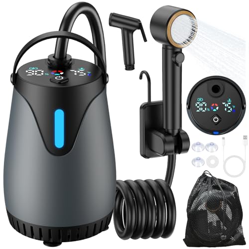Portable Shower for Camping, 8000mAh Rechargeable Camp Shower Pump, LED Display Temp & Power, 5 Pressure Settings, 4 Spray Modes (+Spray Gun), IPX8 Waterproof