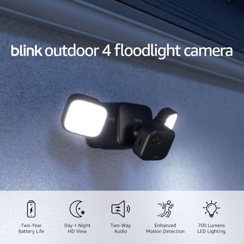 Blink Outdoor 4 Floodlight Camera – Wire-free smart security camera, 700 lumens, two-year battery life, HD live view, enhanced motion detection, Works with Alexa- 1 camera system