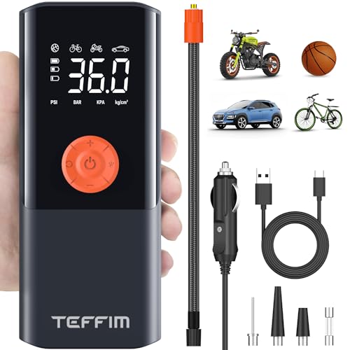 Teffim Tire Inflator Portable Air Compressor with Digital Pressure Gauge, 12V Smart Air Pump for Car Tires, Motorcycle, SUV, Electric Bike, Bicycle, Sports Balls with 10000mAh Battery & LED Light