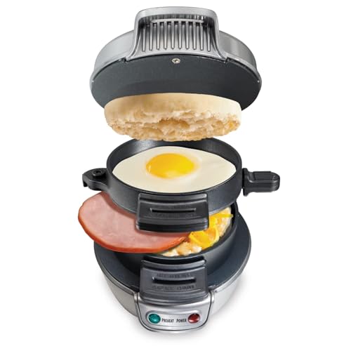 Hamilton Beach Breakfast Sandwich Maker with Egg Cooker Ring, Customize Ingredients, Perfect for English Muffins, Croissants, Mini Waffles, Silver (25475)