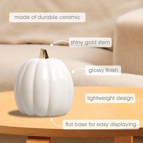 Pearhead White Ceramic Pumpkin with Gold Stem – Elegant Fall Harvest Décor, Modern Autumn Tabletop Accent, Thanksgiving Centerpiece, and Seasonal Home Decoration