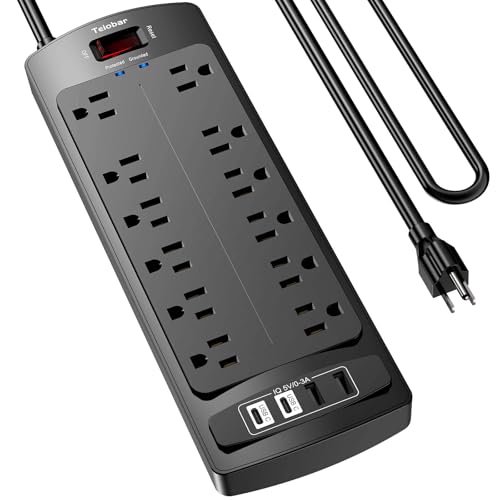 6 Ft Extension Cord Power Strip, Teiobar Surge Protector with 12 AC Outlets and 4 USB Ports for Home, Office, Dorm Essentials, 2700 Joules, ETL Listed, Black
