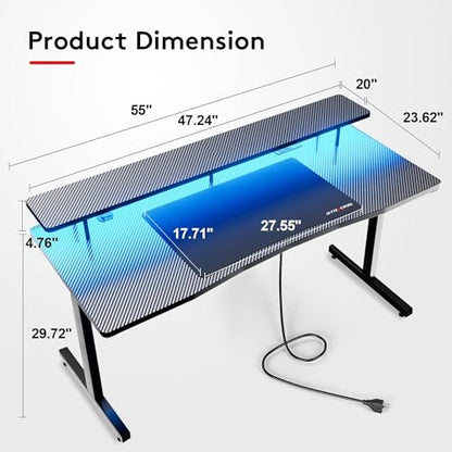 GTRACING 55 Inch Gaming Desk with LED Lights, Computer Gamer Desk with Monitor Stand, Ergonomic Carbon Fiber Surface Gaming Table with Mouse Pad for Home Office, RGB