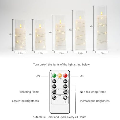 kakoya Flameless LED Candles with Timer 5 Pc Flickering Flameless Candles for Romantic Ambiance and Home Decoration Stable Acrylic Shell,with Embedded Star String，Battery Operated Candles（White）