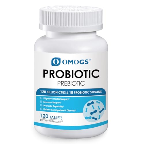 OMOGS Probiotics 120 Billion CFUs 18 Strains,with 3 Organic Prebiotics & Vitamin C,Nutritional Supplement for Women,Men & Kids,Support Metabolism,Immunity and Digestive Health,Non-GMO, 120 Tablets