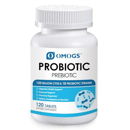 OMOGS Probiotics 120 Billion CFUs 18 Strains,with 3 Organic Prebiotics & Vitamin C,Nutritional Supplement for Women,Men & Kids,Support Metabolism,Immunity and Digestive Health,Non-GMO, 120 Tablets