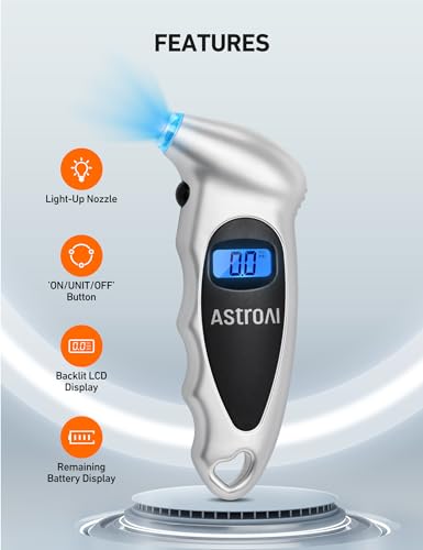 AstroAI Digital Tire Pressure Gauge 150 PSI 4 Settings for Car Truck Bicycle with Backlight LCD and Non-Skid Grip Car Accessories, Silver (1 Pack)