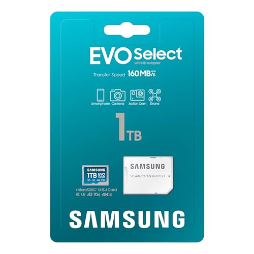 SAMSUNG EVO Select microSD Memory Card + Adapter, 1TB microSDXC, Up to 160 MB/s, UHS I, C10, U3, V30, A2, for Mobile Phone, Smartphones, Nintendo-Switch, and Tablets (MB-ME1T0SA/AM)