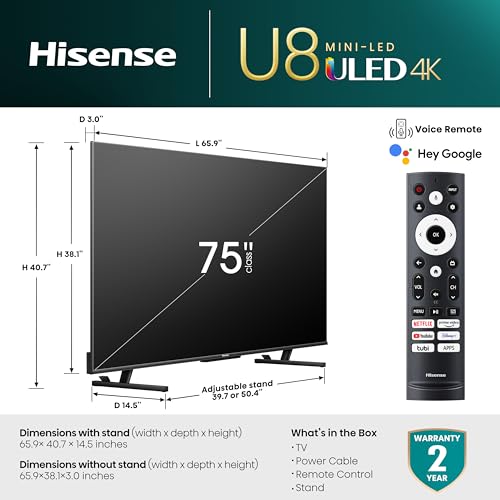 Hisense 75-Inch Class U8 Series Mini-LED ULED 4K UHD Google Smart TV (75U8K) - QLED, 480 Motion Rate, 144Hz Game Mode Pro, Dolby Vision IQ, HDMI 2.1, Alexa Compatibility, 2.1.2 Multi-Channel Audio