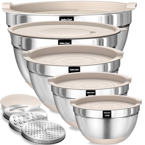 Umite Chef Mixing Bowls with Airtight Lids Set, 8PCS Stainless Steel Nesting Bowls with Grater Attachments, Non-Slip Bottoms, 5, 4, 3.5, 2, 1.5QT for Mixing & Serving