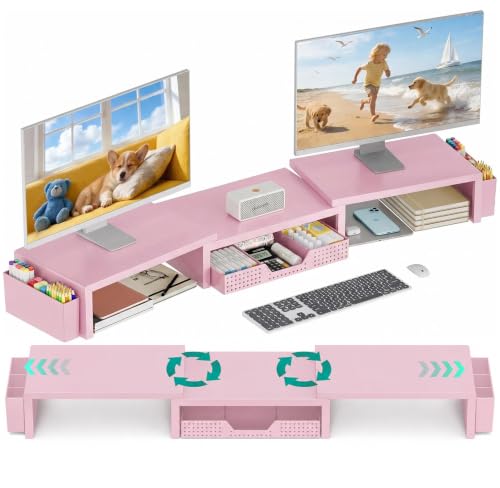 OPNICE Desk Organizer and Accessories, Computer Monitor Stand Riser with Drawer and 2 Pen Holders, Laptop Stand, Office Desk Accessories for Office Supplies, Pink