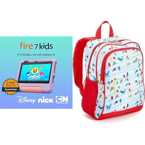 Amazon Fire 7 Kids tablet, ages 3-7 (16 GB, Purple) + Backpack Bundle