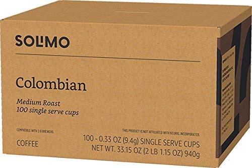 Amazon Brand - Solimo Medium Roast Coffee Pods, Colombian, Compatible with Keurig 2.0 K-Cup Brewers, 100 Count