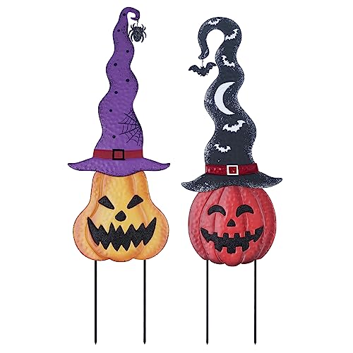 YEAHOME Halloween Decorations Outdoor, Set of 2 Pumpkin Garden Stakes with Witch Hats for Halloween Decor, Jack o Lantern Metal Pumpkin Yard Signs for Outside Garden Lawn Patio Party Decorations