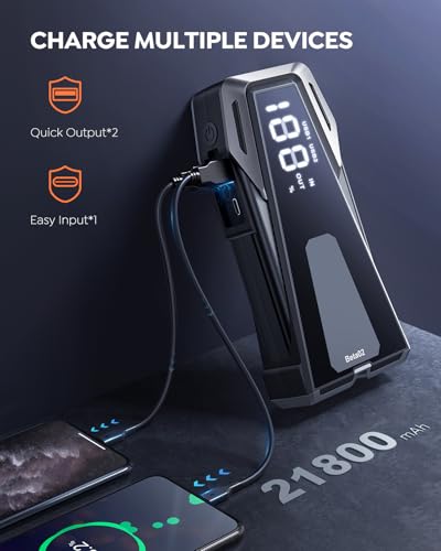 Car Battery Jump Starter 4000A Jump Box (8.5L Gas/8.0L Diesel), Car Jumper Starter Portable Car Jump Starter Battery Pack with Extended Smart Jumper Cables, Quick Charge, Large Display, Lights