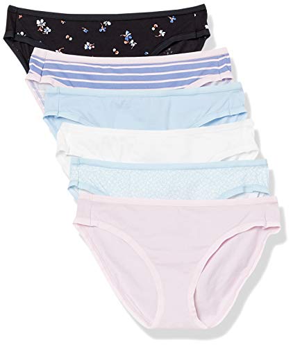 Amazon Essentials Women's Cotton Bikini Brief Underwear (Available in Plus Size), Pack of 6, Black Floral/Blue/Ditsy Floral/Light Pink/Stripe/White, X-Small