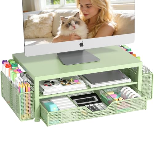 OPNICE Desk Organizer, Monitor Stand Riser with Drawer and 2 Pen Holders | Computer Laptop Stand Riser, Office Desk Accessories & Workspace Organizers for Home Office Supplies, Green