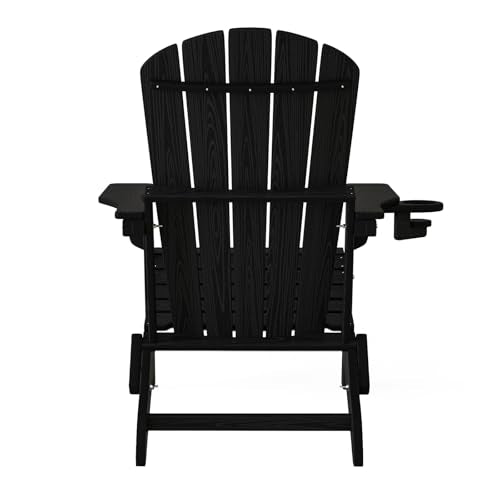 Plawdlik Folding Adirondack Chair, SGS Tested, Wooden Textured with Cup Holder, Heavy All-Weather HDPE Comfortable Set Poolside Backyard Lawn Black